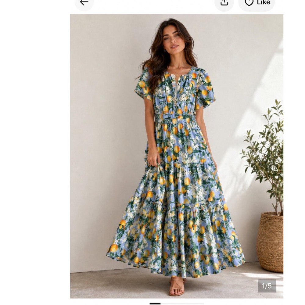 Anthropologie Somerset Maxi Dress Lemon Print Blue Floral 2X Tiered Smocked